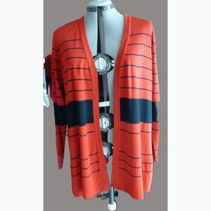 Exclusively Misook Black Red Stripe Open Front Tunic Length Cardigan Jacket L